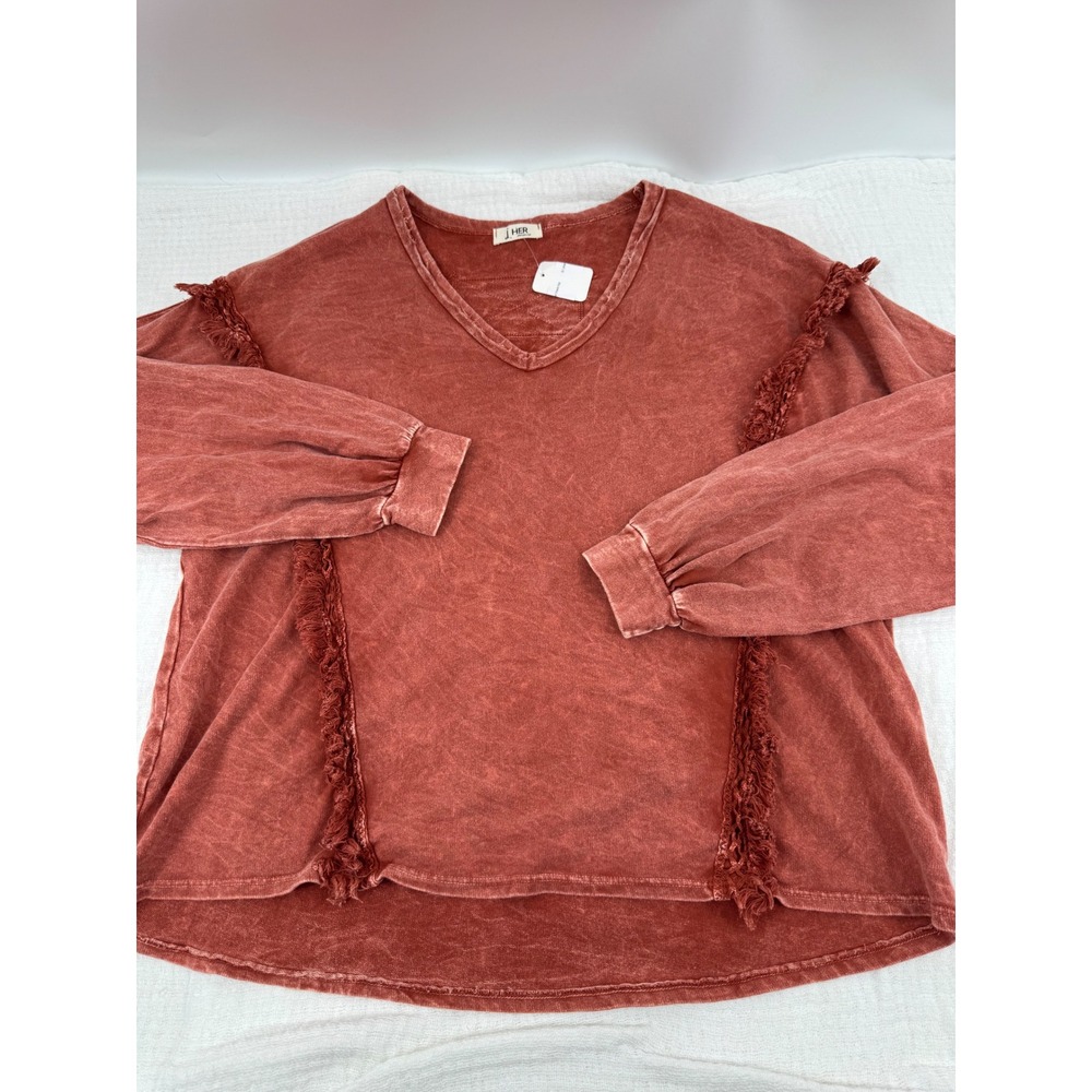 J.HER Oversized Pullover Top Size Small Rust Mineral Wash Tassel Fringe HT6357